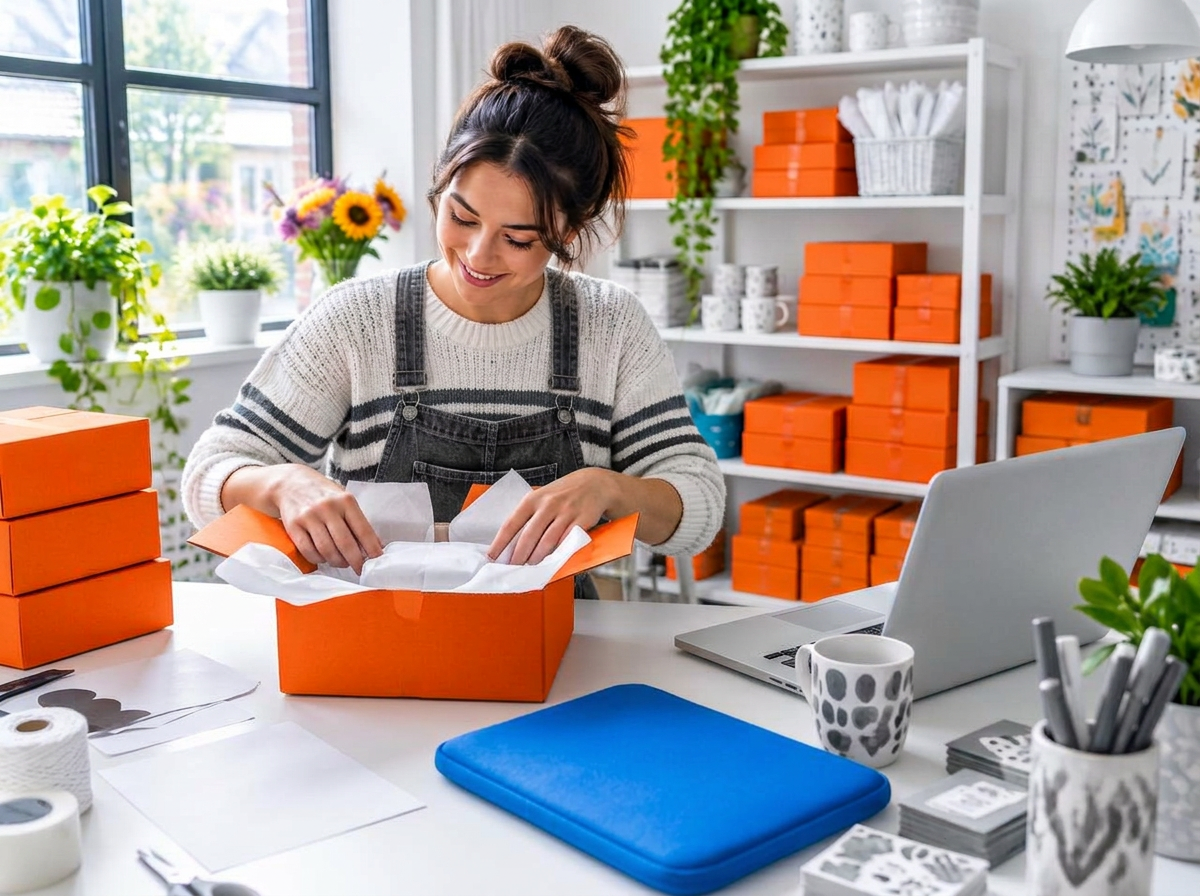 A shop owner packing orders into boxes at a bright workshop table